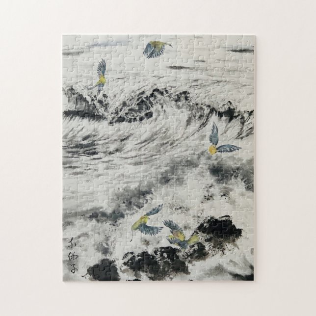 Sumi e Oceanpuss med grönt fåglar Pussel (Vertikal)