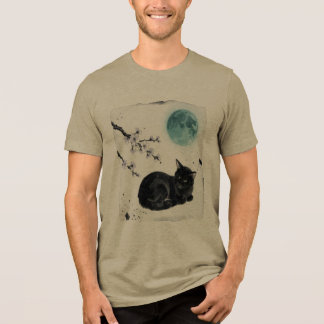 Sumi-e Svart Katt Blå Måne Körsbärsblom Konst T Shirt