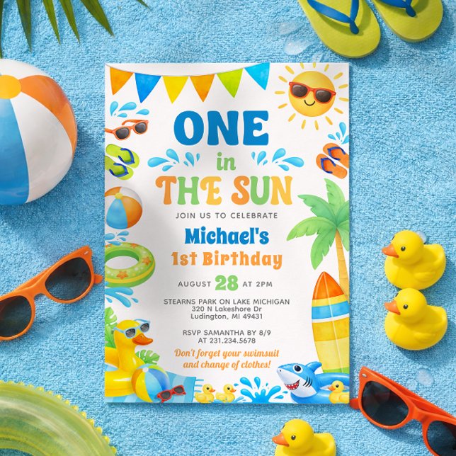 Summer 1st Birthday Invitation - One in the Sun Inbjudningar (Boy 1st Birthday Invitation - Summer First Birthday Invite - One in the Sun - Editable Template)