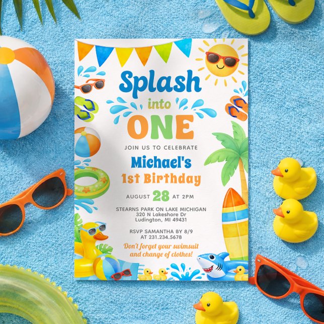 Summer 1st Birthday Invitation - Splash into One Inbjudningar (Summer Beach Pool Party 1st Birthday Invitation)