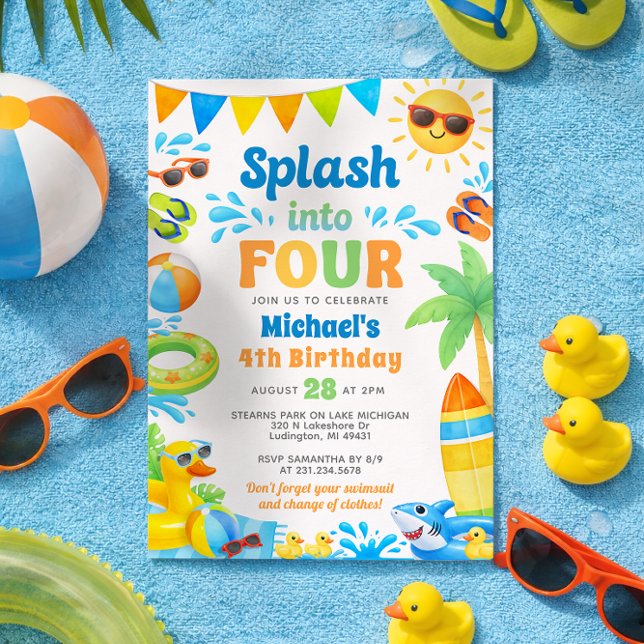 Summer 4th Birthday Invitation - Splash into Four Inbjudningar (Boy 4th Birthday Invitation - Summer Beach Pool Party - Splash into Four)