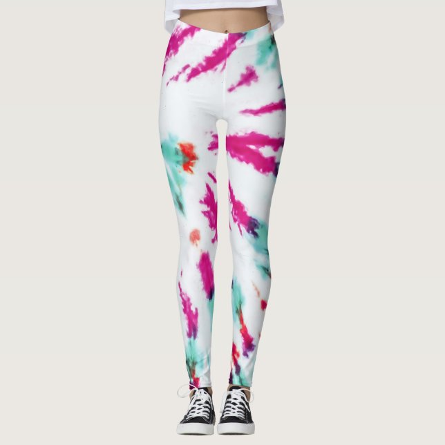 Summer Artsy Girly Neon Teal Rosa Tie Dye Mönster Leggings (Framsida)