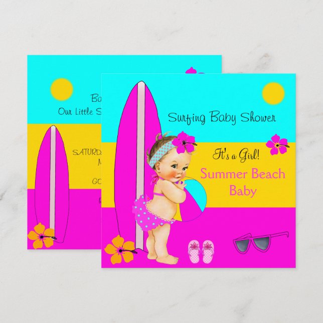 Summer Baby Shower Girl Beach Surfing Brunette Inbjudningar (Fram/baksida)