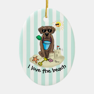 Summer Beach Chocolate Lab Hund Labrador Retriever Julgransprydnad Keramik
