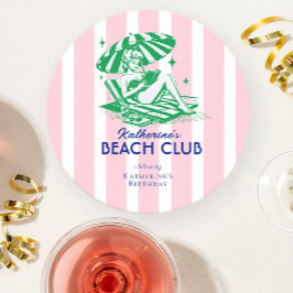 Summer Beach Club Pink Stripes Birthday Party Underlägg Papper Rund