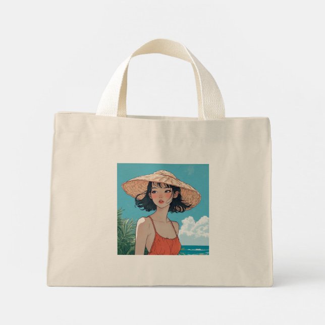 Summer Beach Girl Anime Tiny Tote Bag Mini Tygkasse (Baksida)