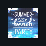 Summer Beach Party | Kanvastryck för vattenfärg<br><div class="desc">Skaffa ditt speciella kanvastryck med vattenfärgsdjup blå penselbakgrund och dekorativt skript för anpassningsbar "sommarstrand party"</div>