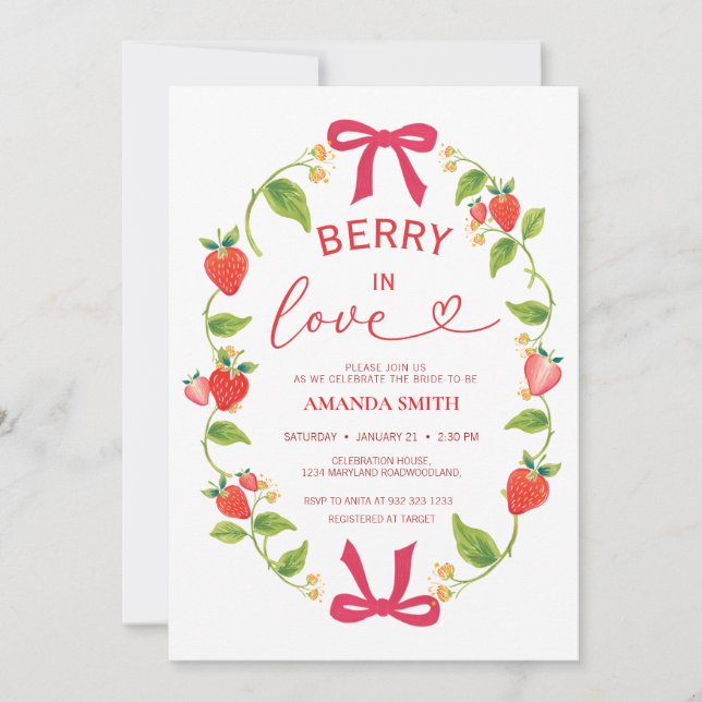 Summer Berry In Love Red Bow Bridal Shower Inbjudningar (Framsida)