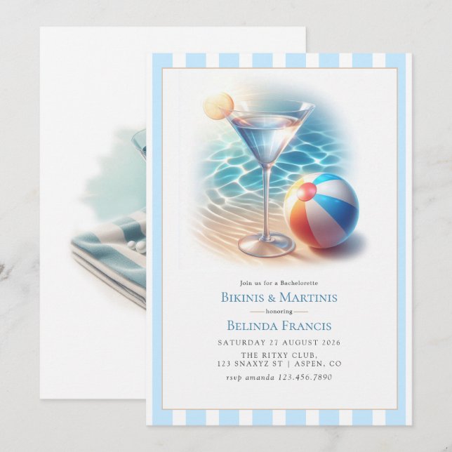 Summer Bikinis & Martinis Bachelorette Party Inbjudningar (Fram/baksida)