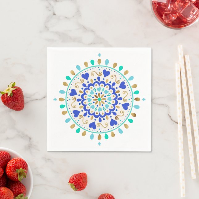 Summer Blue Guld Heart Mandala Pappersservett (Insitu)