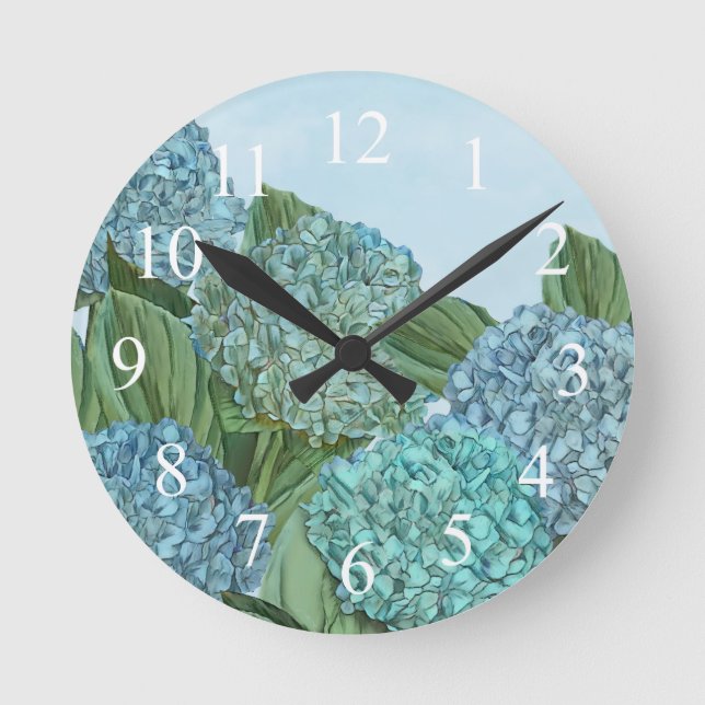 Summer Blue Hydrangea Bouquet Rund Klocka (Framsida)