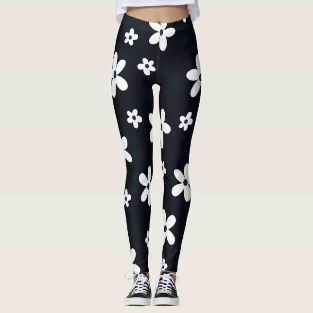 Summer Boho Black White Daisy Flowers Leggings (Framsida)