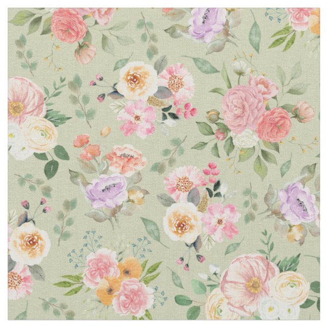 Summer Boho-Blommigten på Gin Grönt Tyg (Närbild)