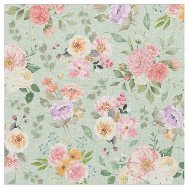 Summer Boho-Blommigten på Sage Grönt Tyg (Närbild)