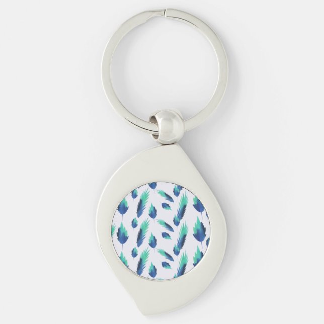 Summer Boho Blue Greenery Botanical Löv Swirl Silverfärgad Nyckelring (Framsidan)