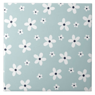 Summer Boho Blue White Daisy Flowers Kakelplatta