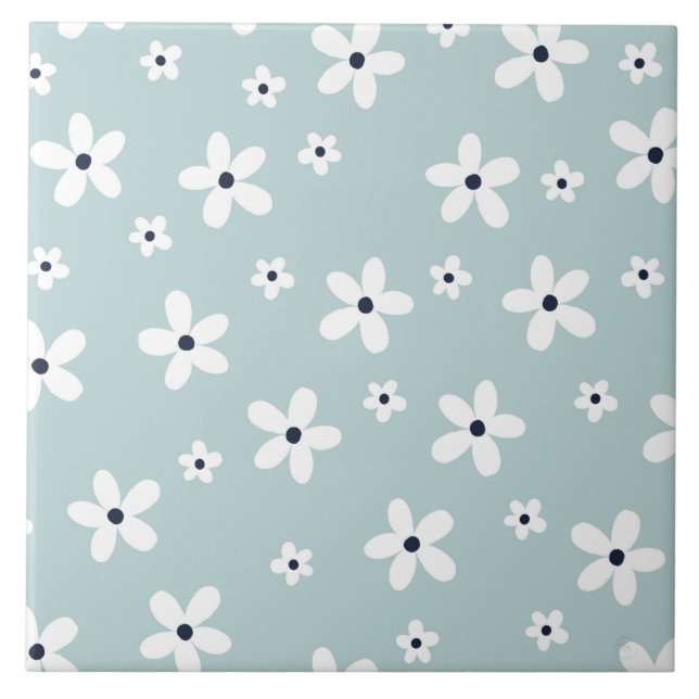 Summer Boho Blue White Daisy Flowers Kakelplatta (Framsidan)