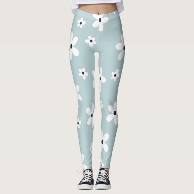 Summer Boho Blue White Daisy Flowers Leggings (Framsida)