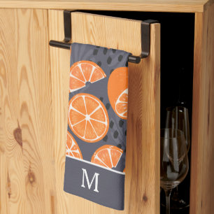 Summer Boho-Orangar på Grått Monogram Kökshandduk