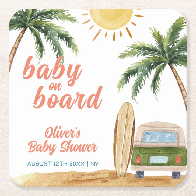 Summer Boho Surfa Beach Van Baby Shower Underlägg Papper Kvadrat (Framsidan)