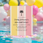 Summer Cabana Rand Kustal 30års födelsedag Inbjudningar<br><div class="desc">En ljus färgstark kabana rand mönster under sommaren gör att färg av gult och rosa gör att 30års födelsedag inbjudan kan dyka upp med stil vid kusten. Det är ett underbart val för party på stranden, bassäng eller med sommartema. En enda skiss över träd i handflatan överst på designen gör...</div>