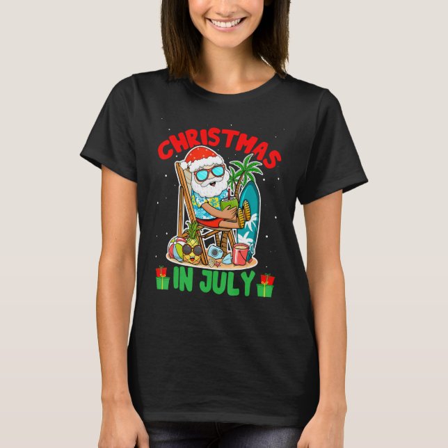 Summer Christmas in July  Tropical Santa Surfing H T Shirt (Framsida)