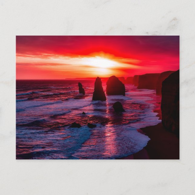 Summer Crimson Sunset Himlar Vibrant Rocky Beach Vykort (Framsida)