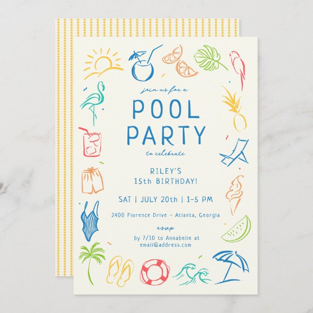 Summer Doodle Party Inbjudningar (Fram/baksida)