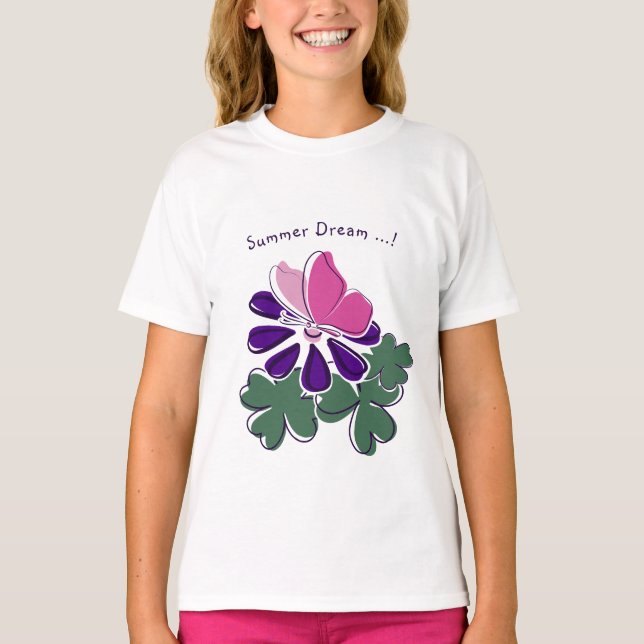 Summer Dream - Rosa Butterfly Lila Flower Doodle T Shirt (Framsida)