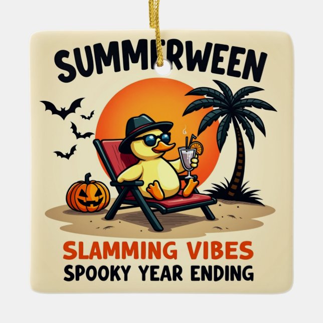 Summer Duck And Pretty Witch Halloween Julgransprydnad Keramik (Framsida)