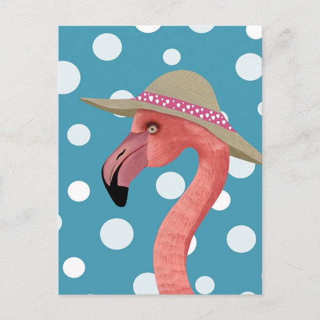 Summer Flamingo | Blå Polka dots-dekoration Vykort (Framsida)