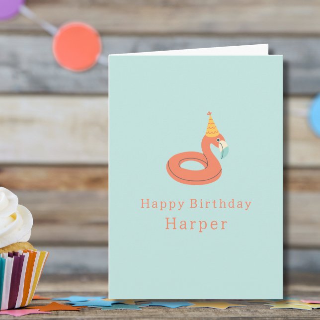 summer flamingo float kids birthday pool party kort (flamingo birthday pool party personalized custom name birthday card)