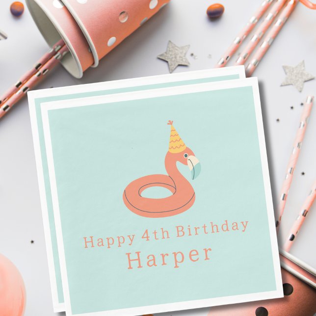 summer flamingo float kids birthday pool party pappersservett (flamingo happy birthday pool party modern paper napkins party supplies products)