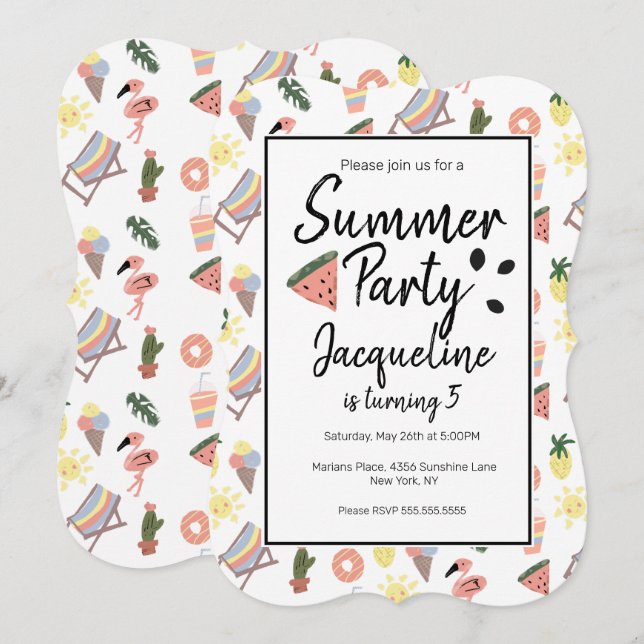Summer Flamingo Hand plockade Doodles Inbjudningar (Fram/baksida)