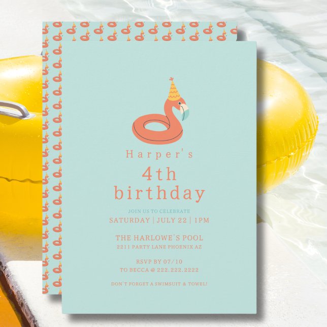 summer flamingo modern kids birthday pool party inbjudningar (flamingo kids birthday pool party modern aesthetic invitations )