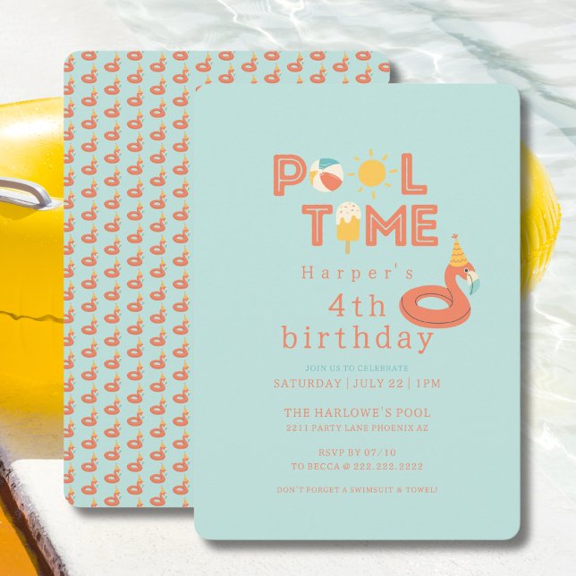 summer flamingo popsicle kids birthday pool party inbjudningar (pool time flamingo beach ball sun popsicle  birthday party invitation )