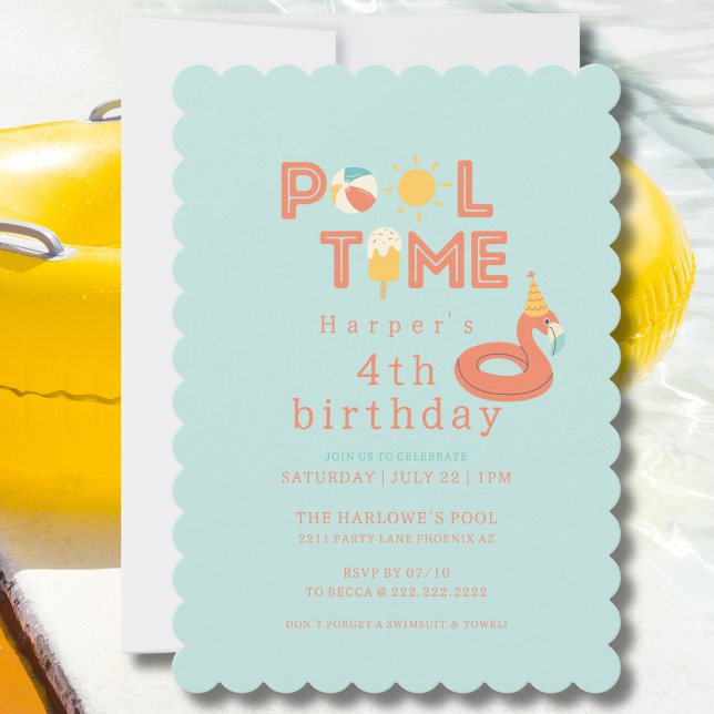summer flamingo popsicle kids birthday pool party inbjudningar (pool time flamingo beach ball popsicle sun birthday pool party invitation)