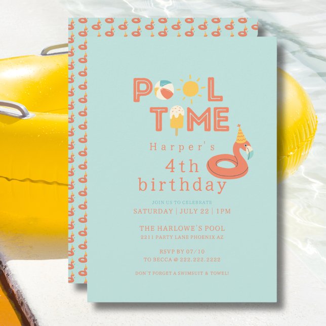 summer flamingo popsicle kids birthday pool party inbjudningar (pool time flamingo beach ball sun popsicle personalized birthday pool party invitation )