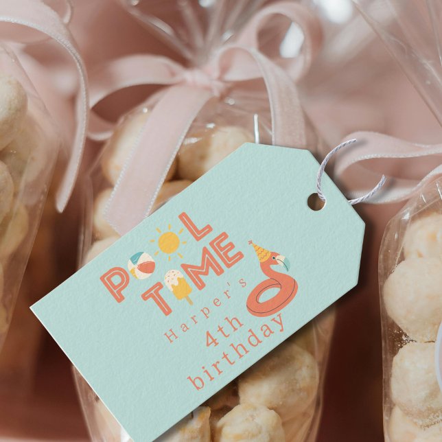 summer flamingo popsicle kids birthday pool party presentetikett (pool time birthday pool party flamingo beach ball sun popsicle party favor gift tag)