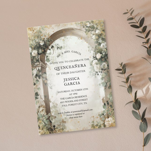 Summer Floral Arch Enchanted Garden Quinceañera  Inbjudningar (elegant white roses arch with golden accents sweet 16 birthday invitation)