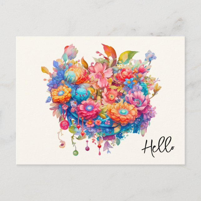 Summer Flower Bouquet Whimsical Boho Hej Vykort (Framsida)