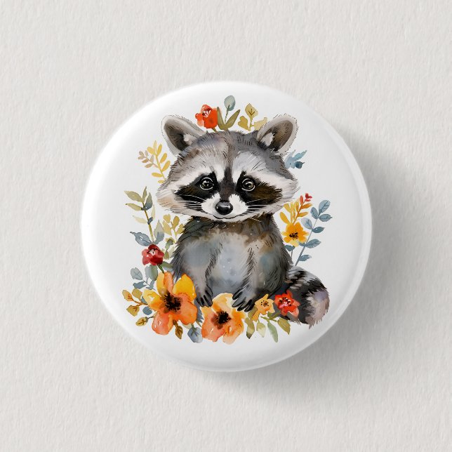 Summer Flowers Raccoon Watercolor Knapp (Framsida)
