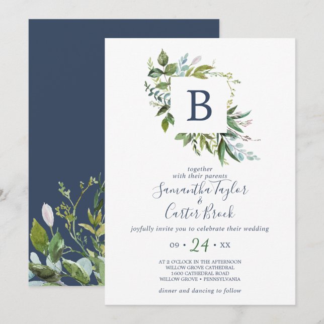 Summer Greenery Monogram Bröllop Inbjudningar (Fram/baksida)