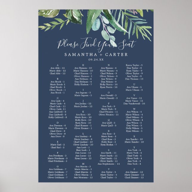 Summer Greenery | Tunga alfabetiska sittningsdiagr Poster (Framsidan)