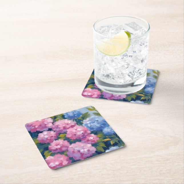 Summer Hydrangeas | Pink & Blue Coastal Flowers Underlägg Papper Kvadrat (Insitu)