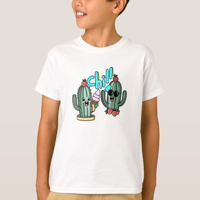 Summer Kawaii Cactus Friends with Ice Cream T Shirt (Framsida)