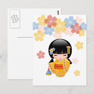 Summer Kokeshi Doll - Gult Kimono Best Önskemål Vykort