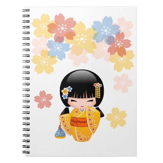 Summer Kokeshi Doll - Gult Kimono Geisha Girl Anteckningsbok Med Spiral (Framsidan)
