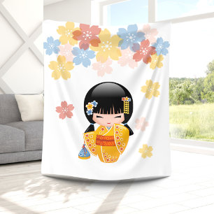 Summer Kokeshi Doll - Gult Kimono Geisha Girl Fleecefilt