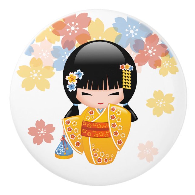 Summer Kokeshi Doll - Gult Kimono Geisha Girl Knopp (Framsidan)